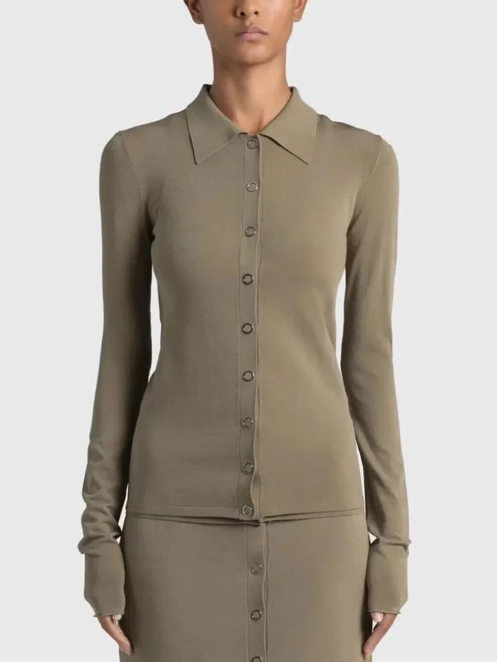 Dion Lee Olive Button-Front Long Sleeve Polo Top